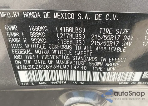 2020 Honda Hr-V Awd Lx from USA, damaged, VIN 3CZRU6H36LM714448